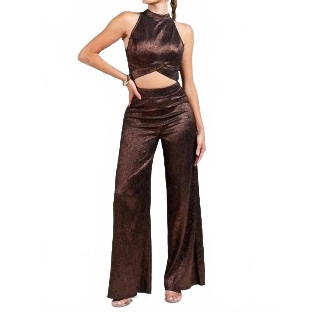 NEW PRIVY briar mockneck top & wide leg pants set in gold
